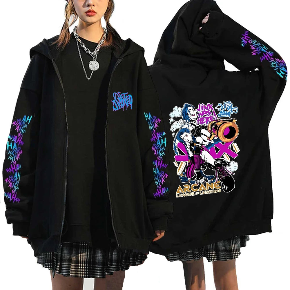 Kapuzenpullover Zip Arcane Jinx Harajuku Anime Graffiti – Streetwear Gothic Unisex Gamer