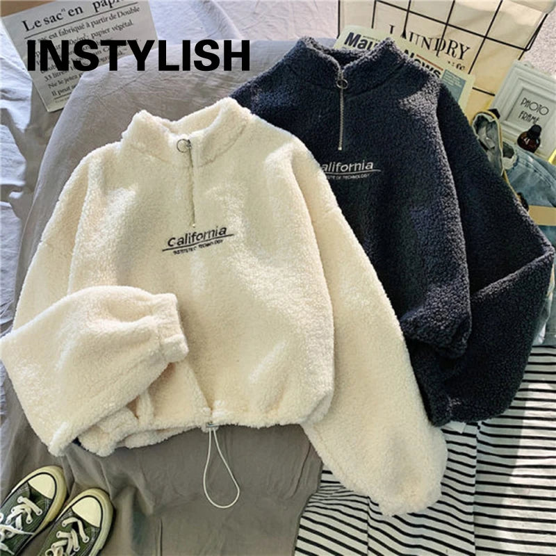 Sweat Court Femme Col Montant Polaire Brodé Cordon Manches Longues Velours Peluche Élégant – Hoodie Crop | Automne