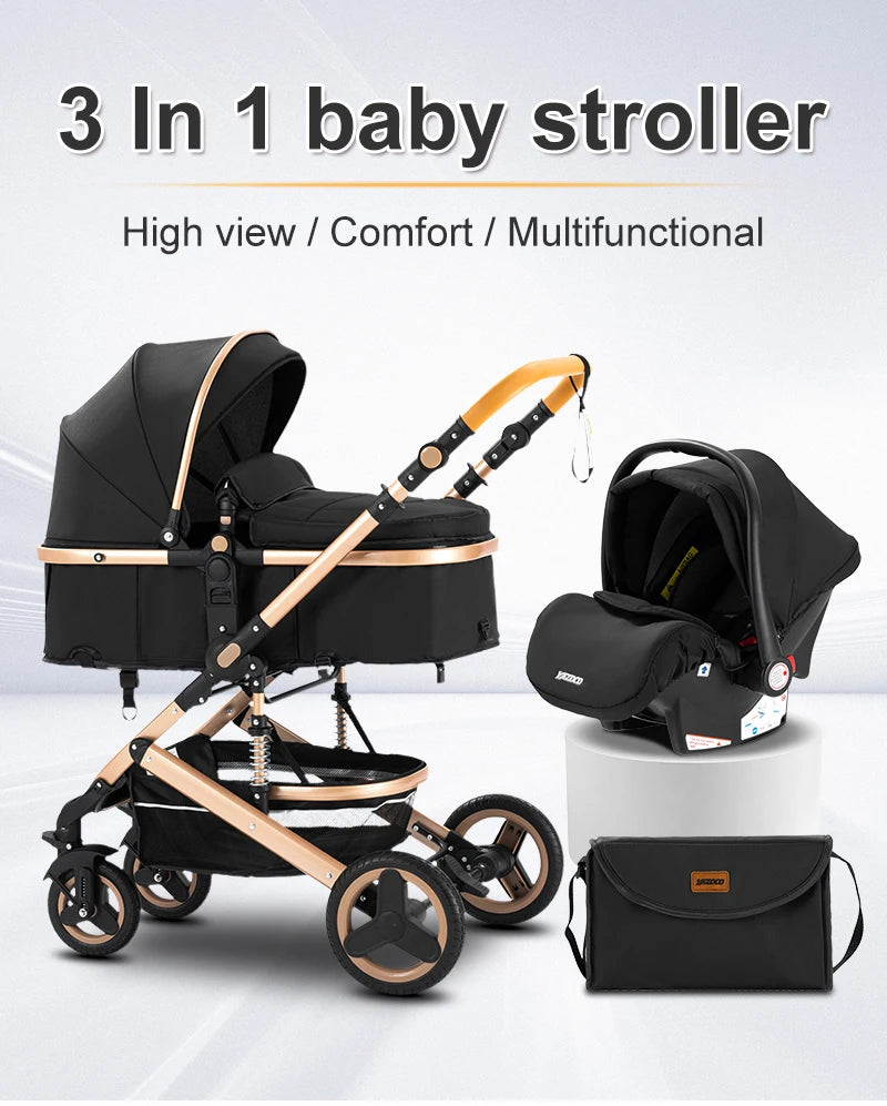 Poussette Bébé 3 en 1 Luxe Pliable Noire – Cadre Aluminium, Haute Vue, Nacelle & Siège | Voyage Nouveau-Né & Nourrisson