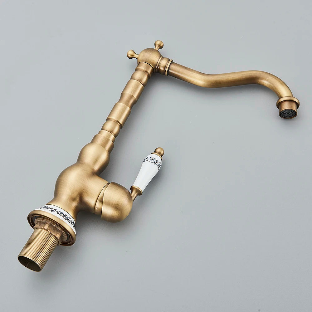 Robinet Laiton Antique Mono-Trou – Poignée Céramique Pivotante, Mitigeur Eau Chaude & Froide | Cuisine & Salle de Bain