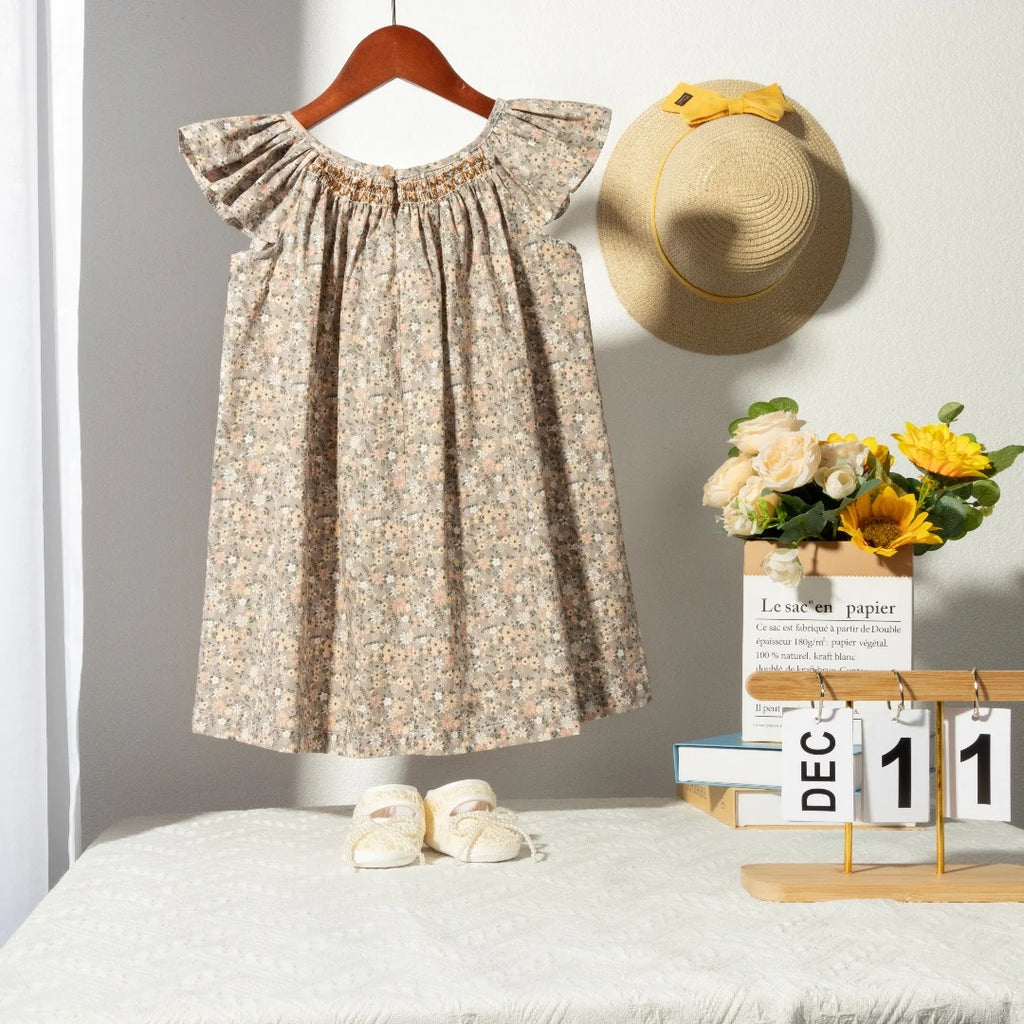 Robe Été Fille Fleurie Smockée Manches Volantes – Tenue Quotidienne Adorable 1-6 Ans