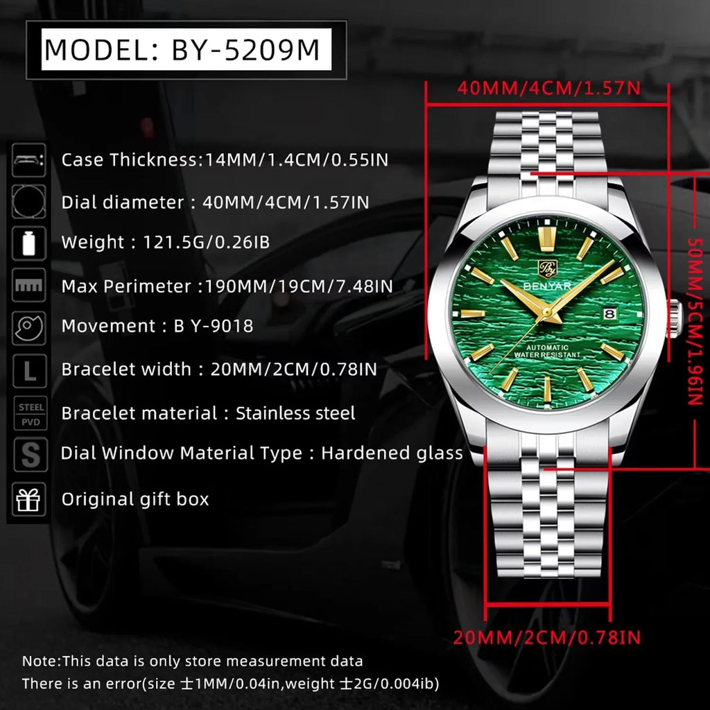 Montre Homme Luxe BENYAR Mécanique Automatique Acier – Étanche Sport Top Brand