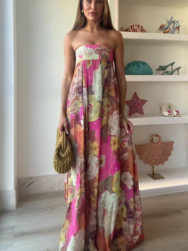 Robe Maxi Femme Imprimée Sans Bretelles Épaules Dénudées Dos Nu Sans Manches Taille Haute – Robe de Soirée Élégante | Été