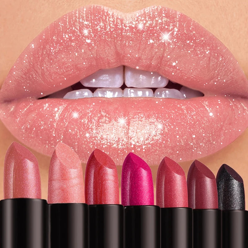 Rouge à Lèvres Métallique Nacré 7 Couleurs – Waterproof Longue Tenue | Diamant Brillant