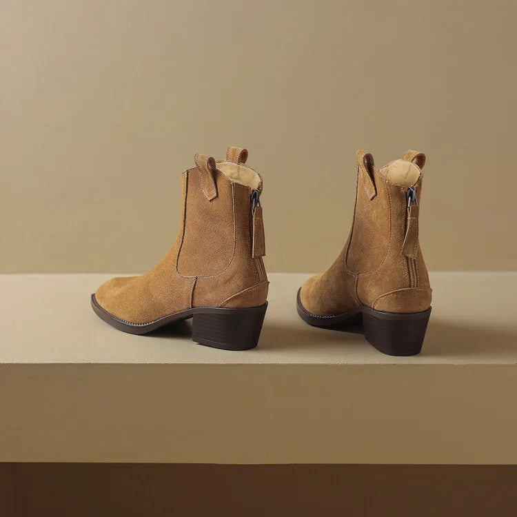 Bottes Suède Vache Chunky Heel Western Femme – Bout Pointu Noir Zip Concis Automne