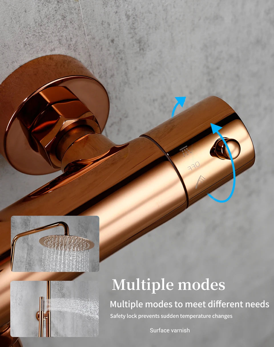 Ensemble Douche Thermostatique Mural Rose Gold – Laiton, Pommeau Pluie & Mitigeur | Système Douche Luxe Salle de Bain