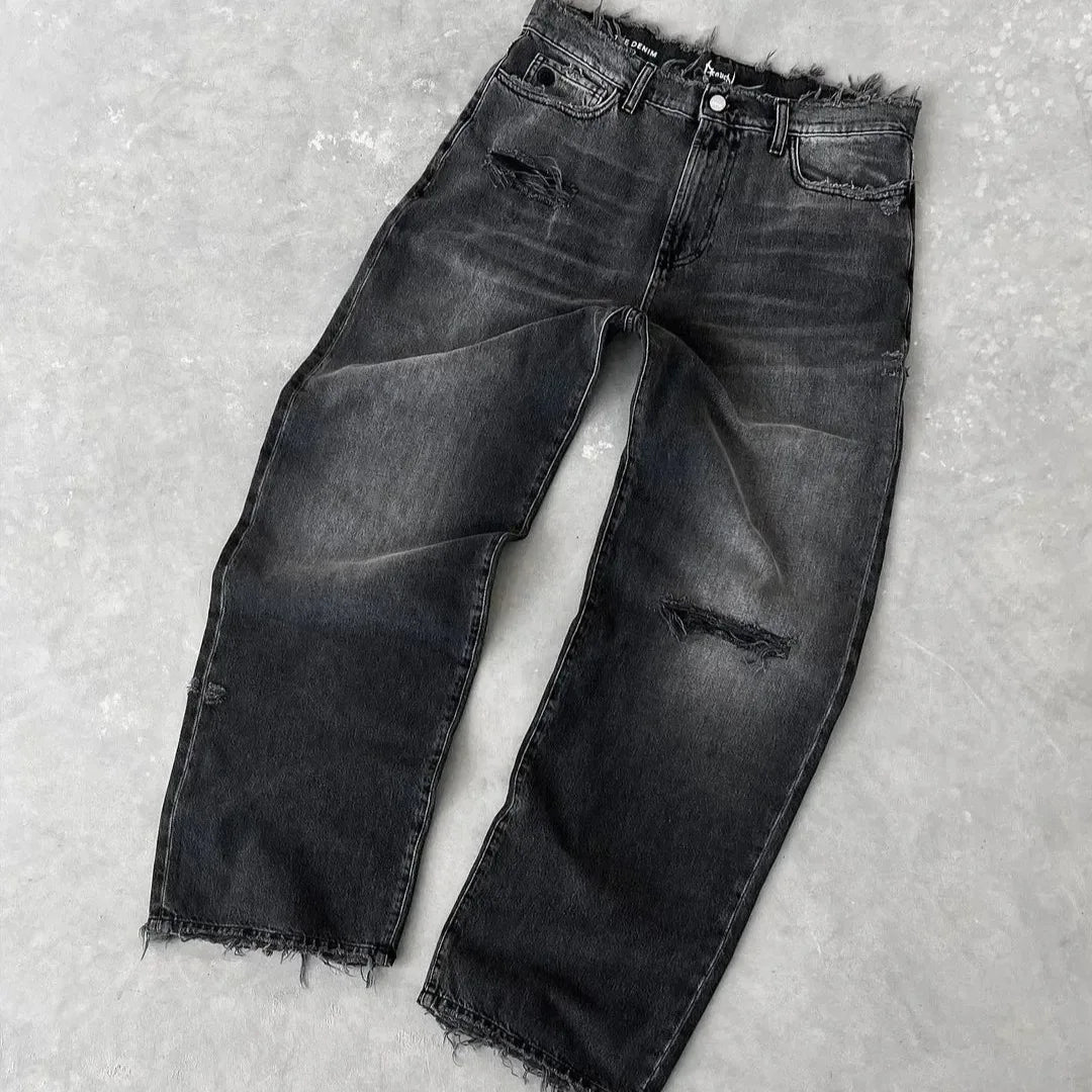 Jean Homme Droit Destroyé Troué Lavé Denim Loose Cheville Fermeture Éclair Poches Casual Vintage | Jean Destroyé Vintage Premium