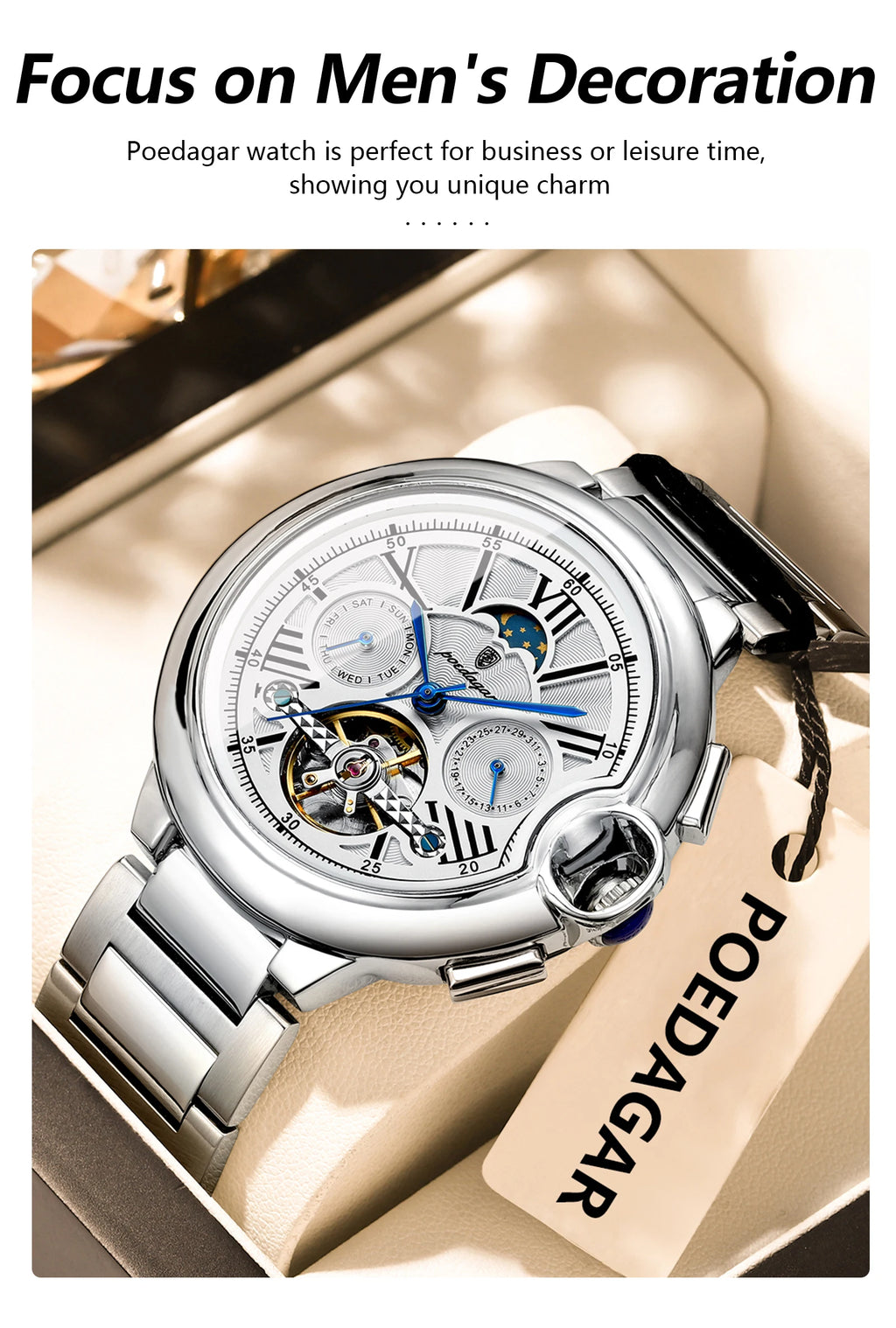 Montre Homme POEDAGAR Tourbillon Automatique Militaire – Acier Date Semaine Étanche