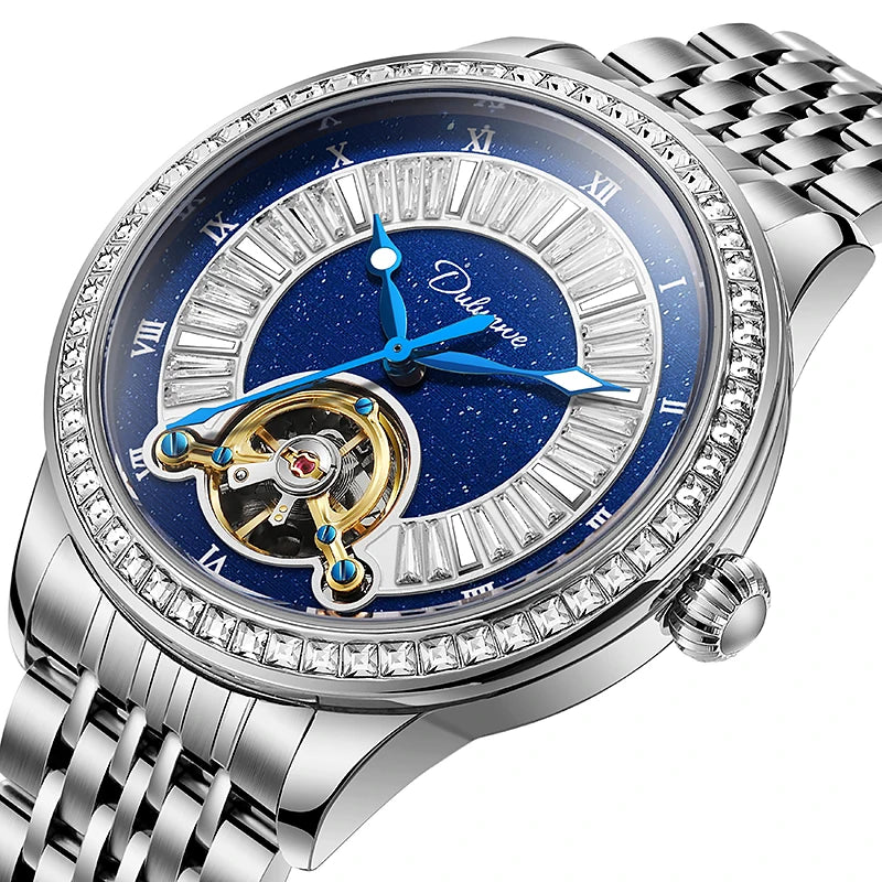 Montre Homme Tourbillon Automatique Mécanique – Cadran Strass Lumineux Sport Étanche Acier