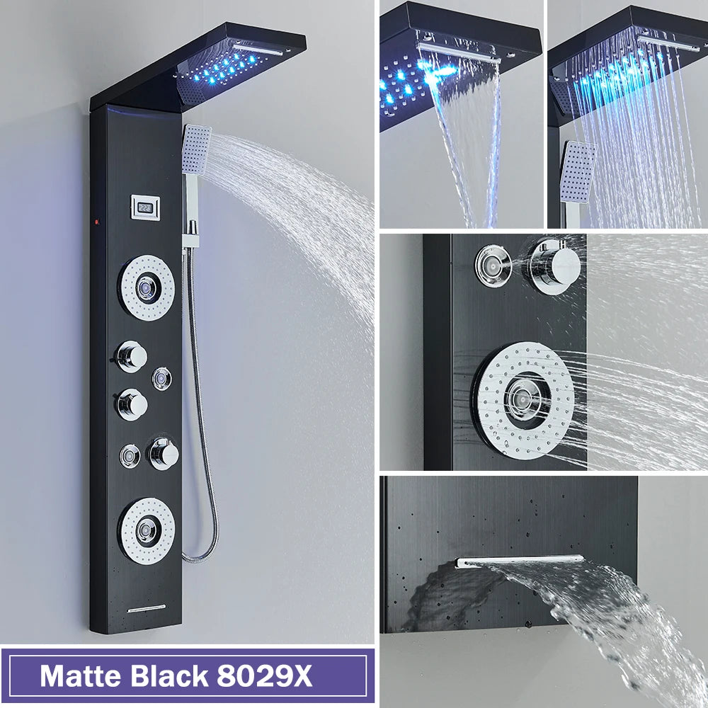 Rozin Colonne Douche Noire LED – 5 Modes dont Jets Massage & Cascade, Pluie, Affichage Digital | Panneau SPA Salle de Bain