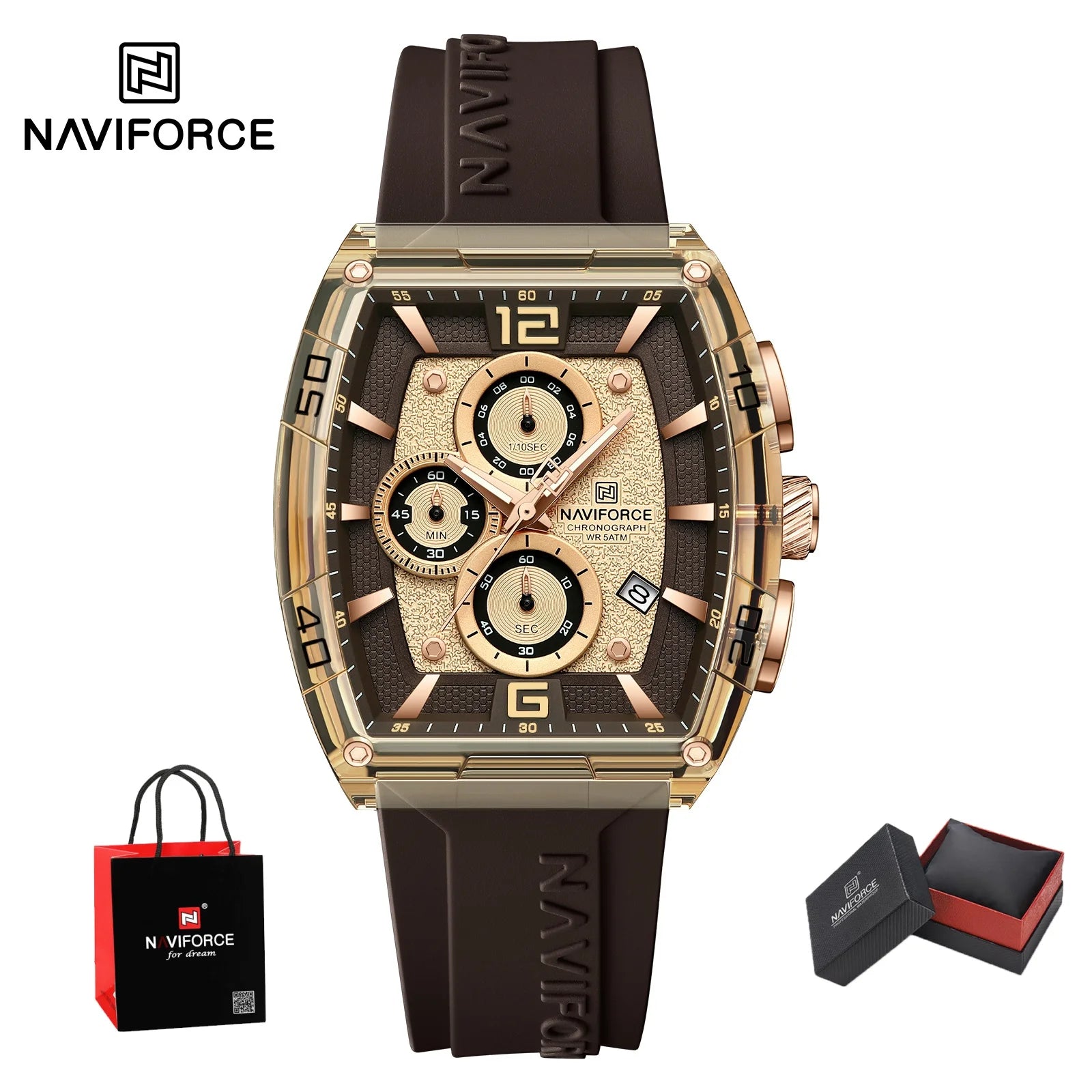 Montre Homme NAVIFORCE Luxe Sport Étanche Bracelet Silicone Quartz Lumineux Chronographe Coffret Cadeau Inclus | Montre NAVIFORCE Chronographe Sport Luxe Premium