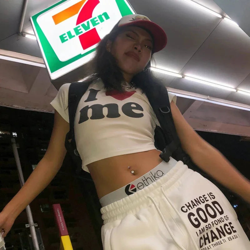 Crop Top Femme Y2K Harajuku Imprimé I Love ME Manches Courtes Sexy Vintage 2000s – T-Shirt Court Été | Streetwear