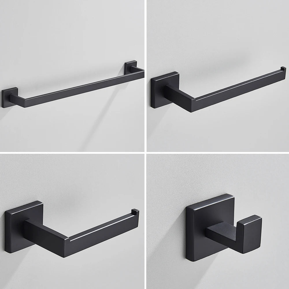 Set Accessoires Salle de Bain Inox – Porte-Serviettes, Porte-Papier & Crochet | Noir & Or Mural