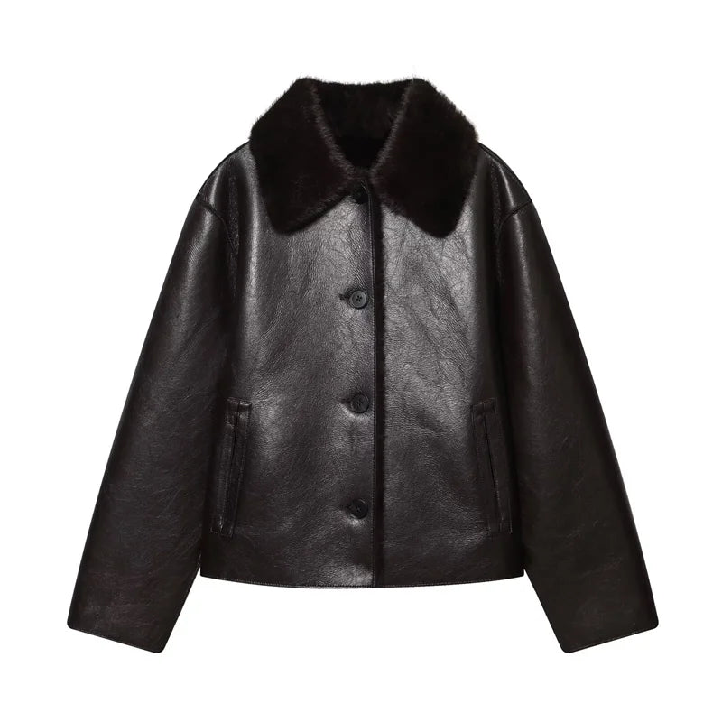 Veste Femme Cuir Synthétique Réversible Marron 2025 – Manches Longues Automne Hiver Unique