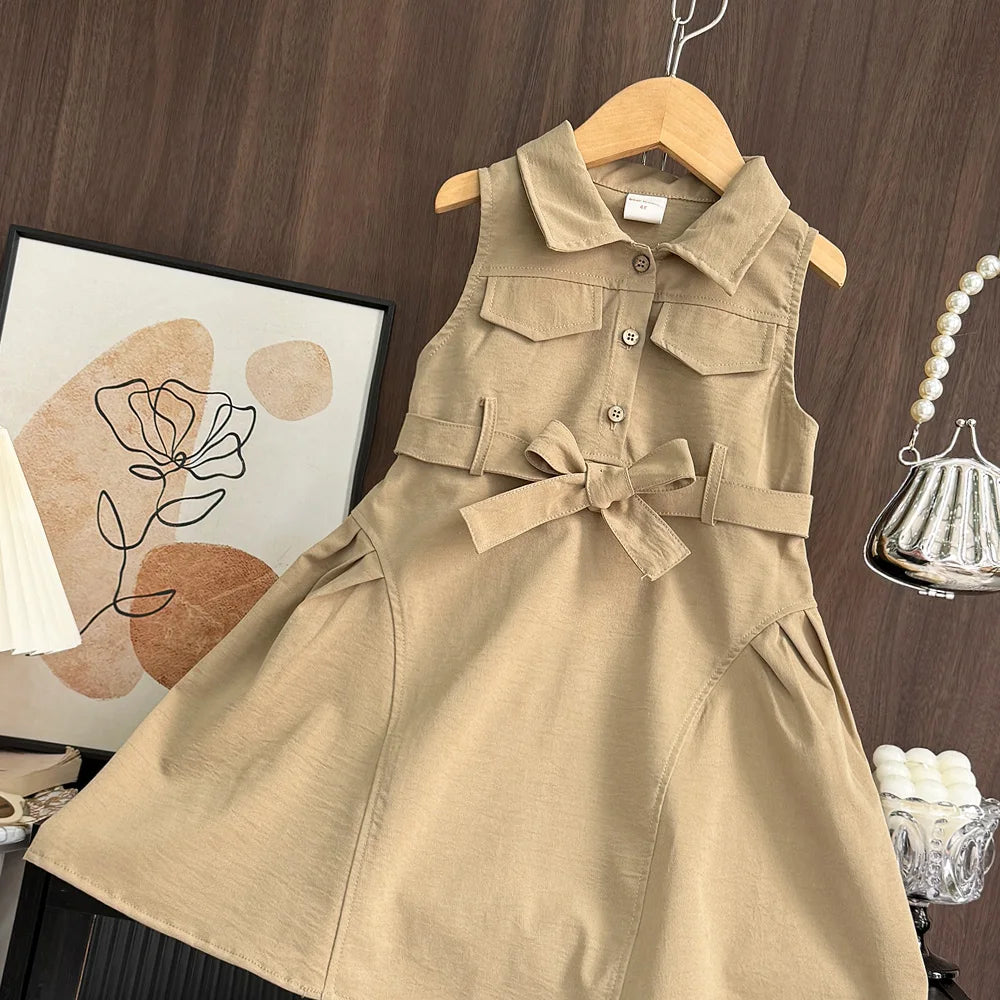 Robe Fille Été Sans Manches Couleur Unie – Tenue Casual Chic avec Ceinture Enfant