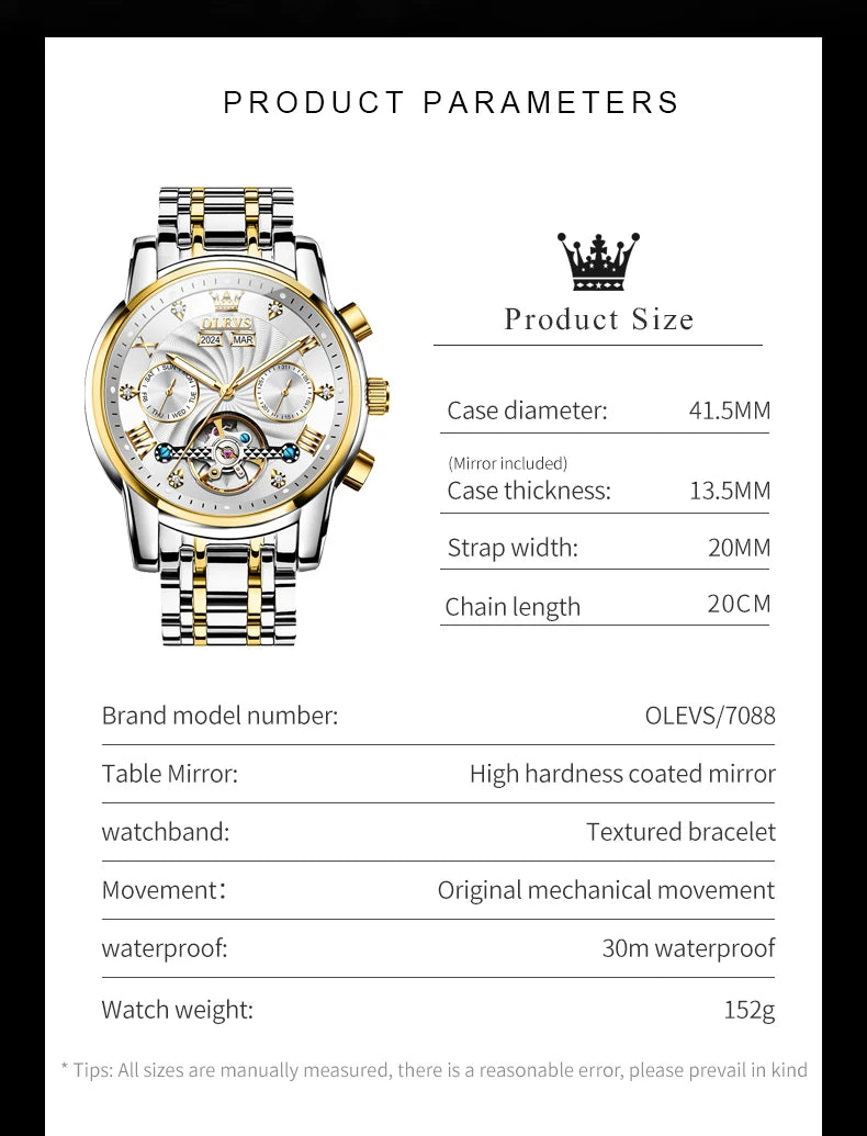 Montre Mécanique Automatique Luxe Homme OLEVS 7088 – Grand Cadran Lumineux Étanche Cadeau