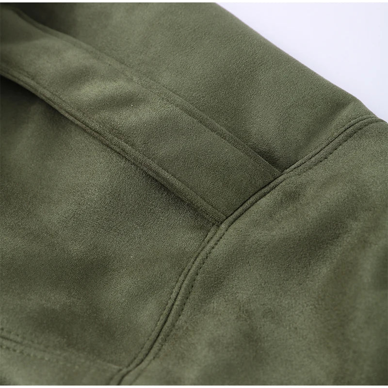 Veste Femme Suède Vert Élégante Manches Bouffantes Revers Fermeture Éclair Ample Plissée – Blouson Court Streetwear Printemps Automne | Mode 2025