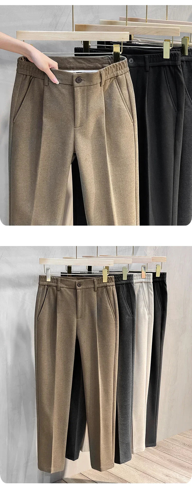 Pantalon Costume Homme Business Droit Laine Épaisse Ceinture Élastique Gris Marron Classique Korean Formal Automne Hiver – Pantalon de Costume Premium Toutes Tailles 28-38 | Mode Homme Business Premium