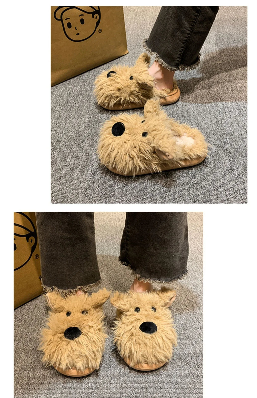 Chaussons Chien Cartoon Plush Hiver Femme – Coton Chaud Non-Slip Intérieur Maison