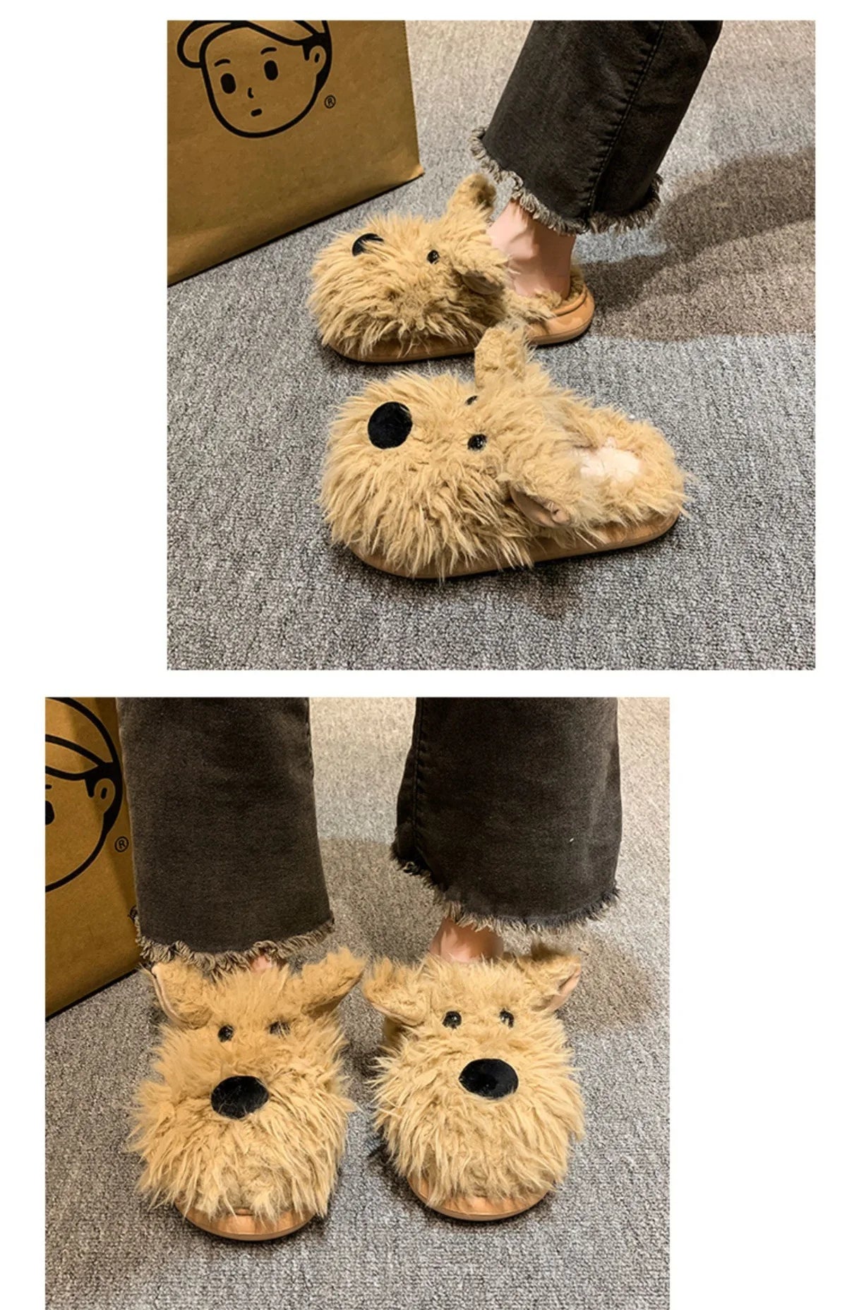 Chaussons Chien Cartoon Plush Hiver Femme – Coton Chaud Non-Slip Intérieur Maison