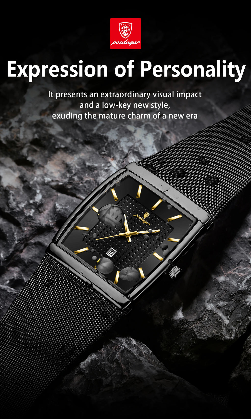 Montre Homme Luxe POEDAGAR Maille Acier Inoxydable Lumineux Date Quartz – Étanche Élégante