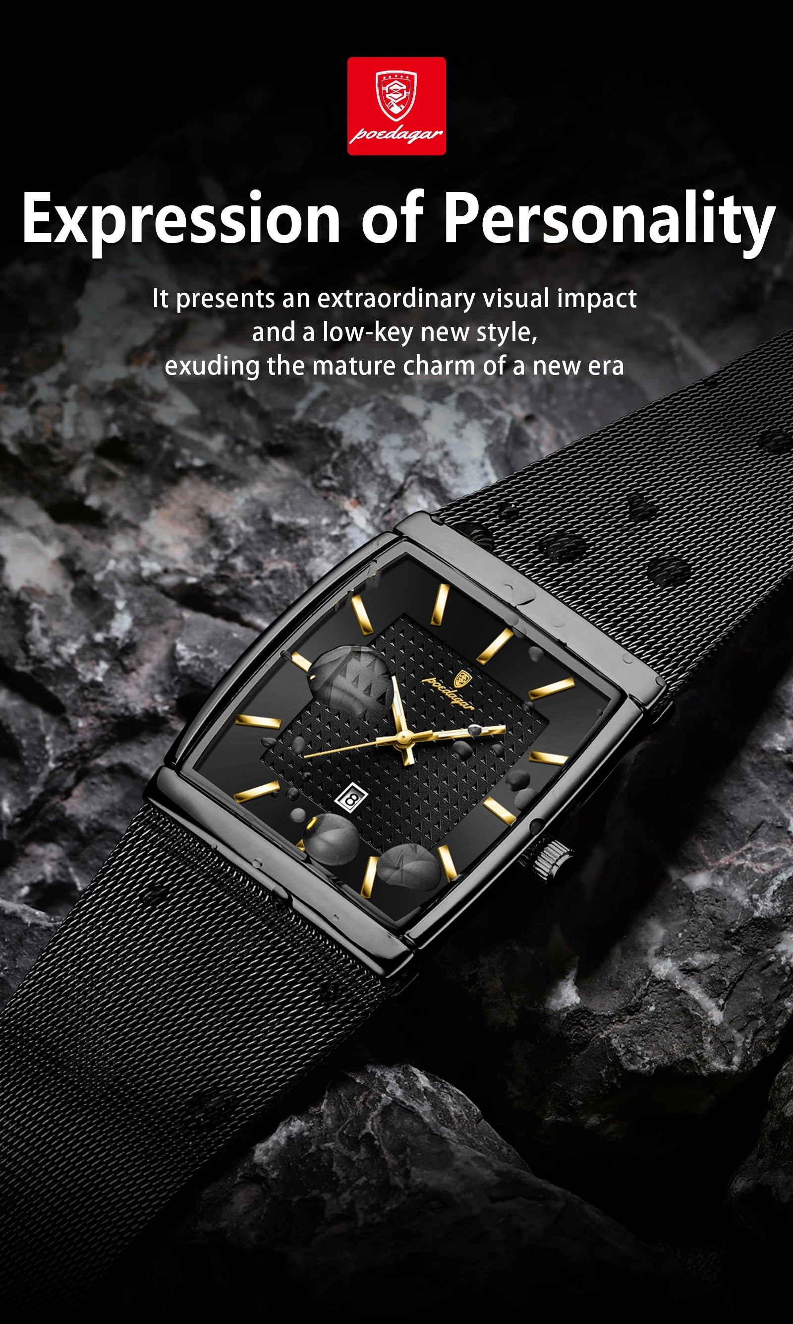 Montre Homme Luxe POEDAGAR Maille Acier Inoxydable Lumineux Date Quartz – Étanche Élégante