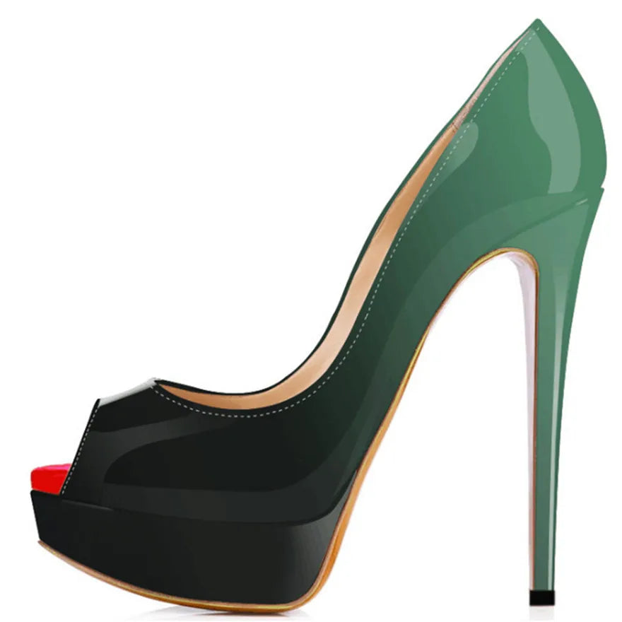 LOSLANDIFEN Escarpins 14CM Plateforme Peep Toe Gradient – Cuir Verni Rouge Mariage Fête
