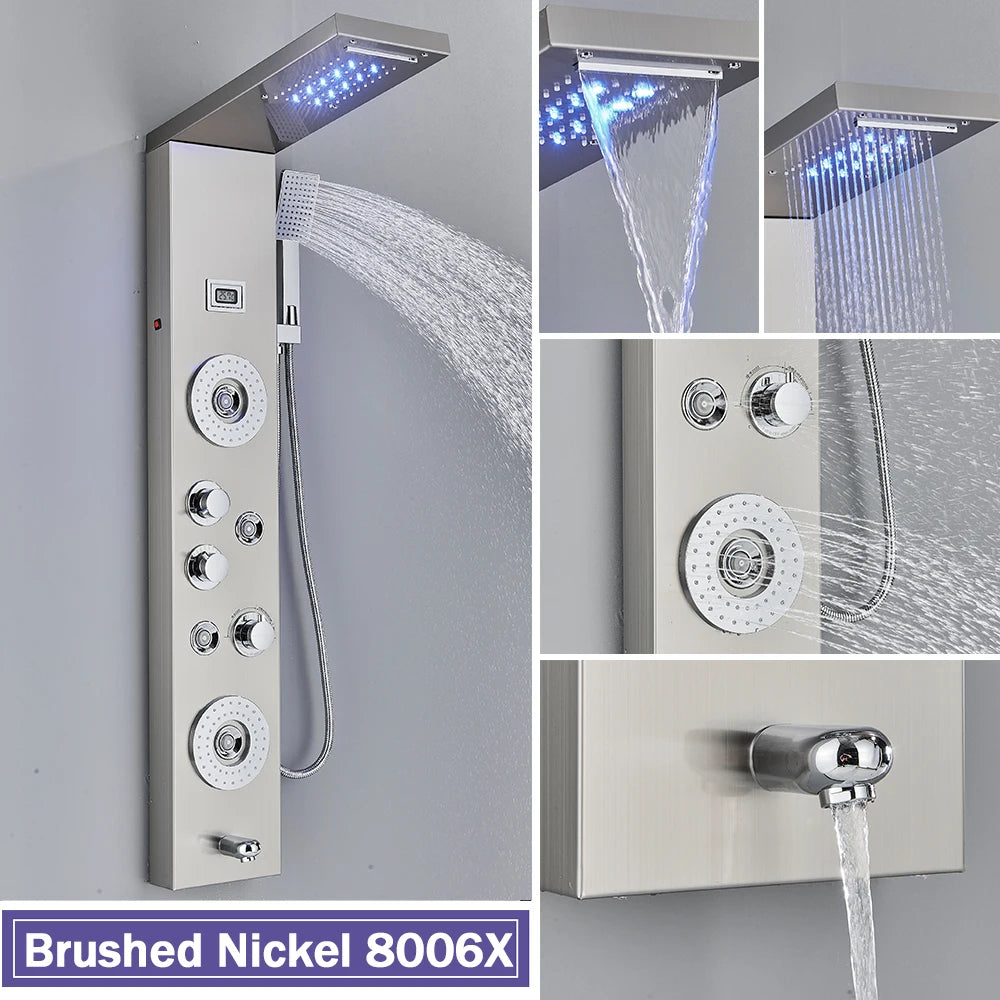 Rozin Colonne Douche Noire LED – 5 Modes dont Jets Massage & Cascade, Pluie, Affichage Digital | Panneau SPA Salle de Bain