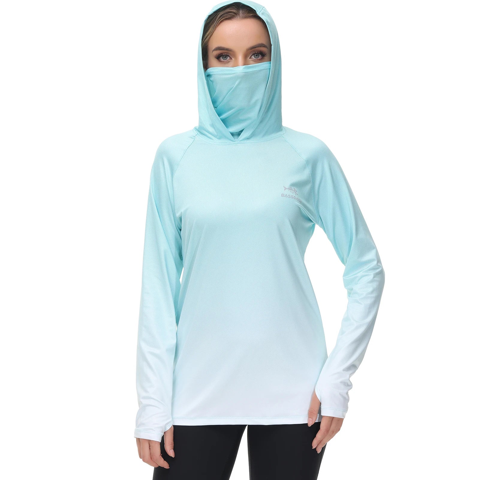 Bassdash Hoodie Anti-UV UPF 50+ Femme – Cache-Visage Intégré & Pouces | Séchage Rapide & Respirant | Pêche, Randonnée & Vélo