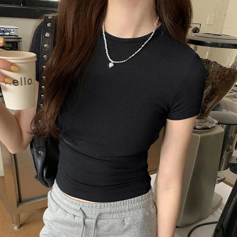 Crop Top Basique Uni Femme – Manches Courtes Col Rond Ajusté | Style Y2K Vintage Harajuku Streetwear