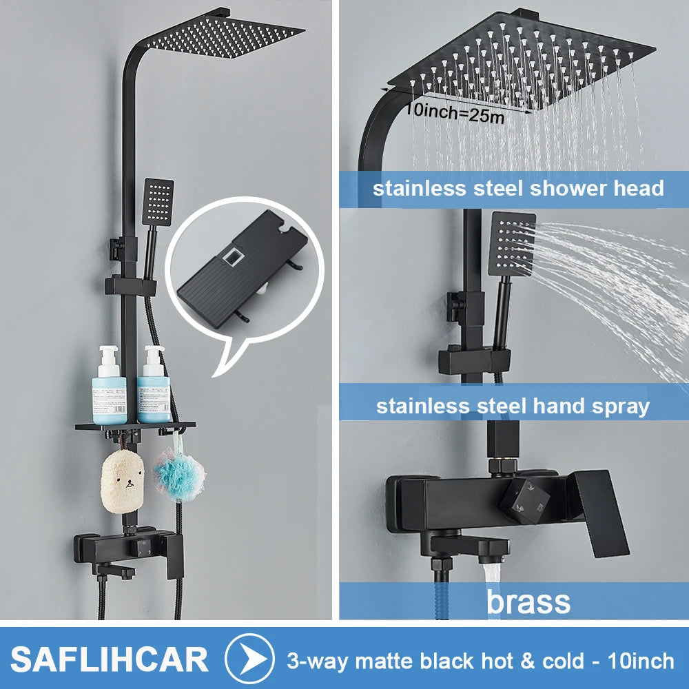Ensemble Douche Pluie Mural Noir & Chrome Laiton – Étagère Offerte, Mitigeur Eau Chaude & Froide | Système Complet Salle de Bain
