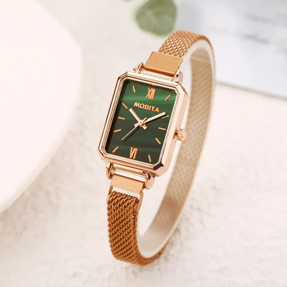 Montre Femme Luxe Carrée Quartz Maille Magnétique Or Rose – Cadran Vert Élégante Minimaliste