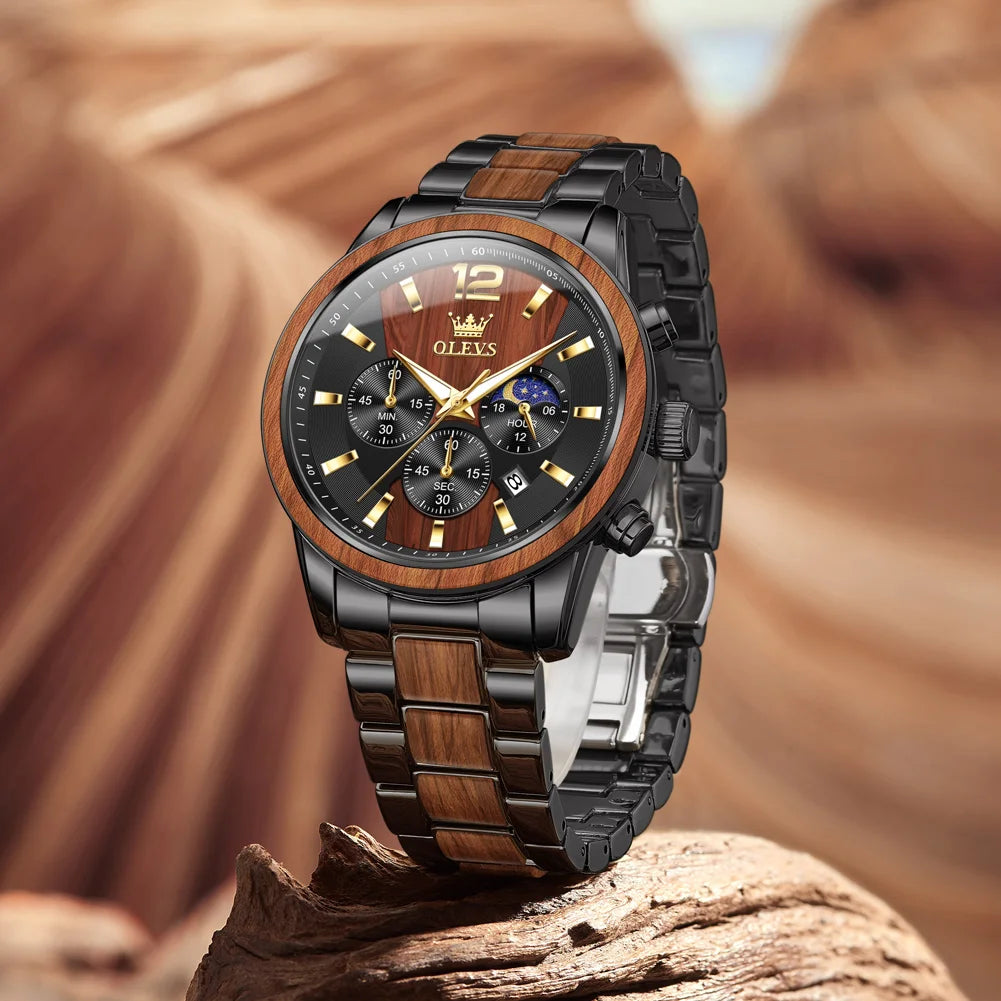 Montre Homme OLEVS Luxe Quartz – Bracelet Acier & Bois Santal Rouge Lumineux Étanche Calendrier