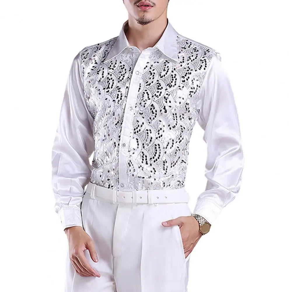 Chemise Homme Luxe Paillettes Scène Mariage Manches Longues Boutonnage Simple – Tenue Formelle Casual Élégante Brillante | Mode Homme Premium