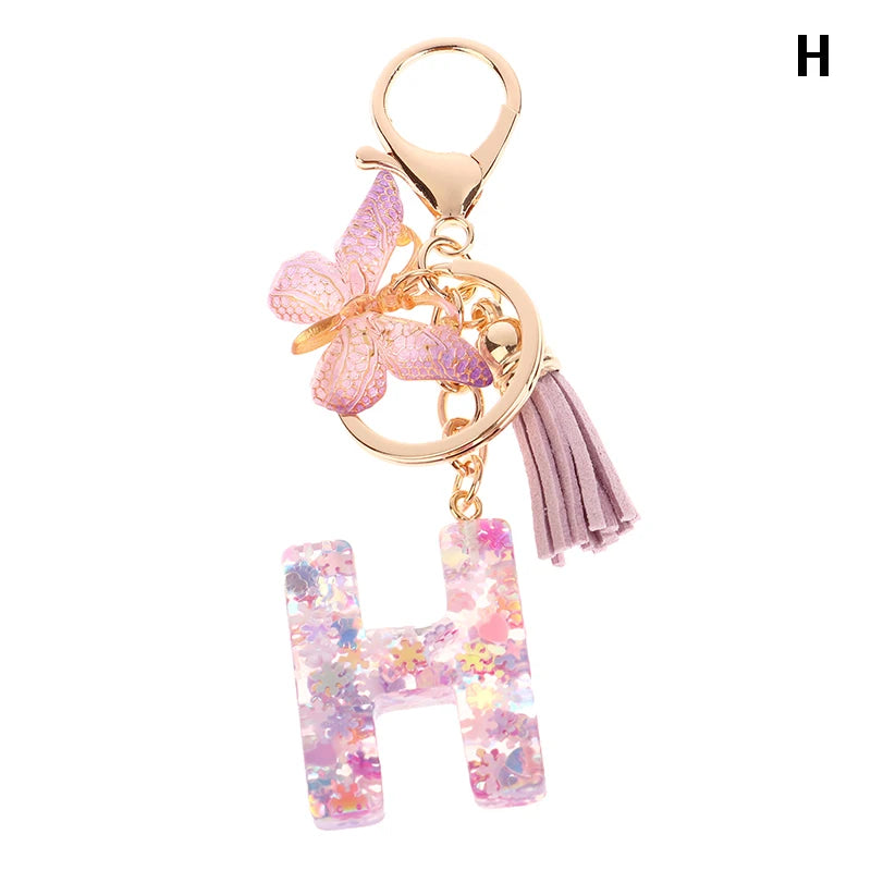Porte-Clés Lettre Initiale Sequins Femme – Pendentif Papillon Pompon Sac Voiture Bijou