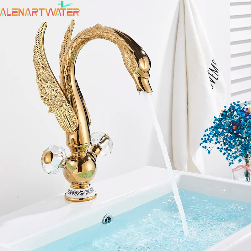Robinet Lavabo Design Cygne en Laiton – Or & Noir, Mitigeur Eau Chaude & Froide | Salle de Bain Luxe