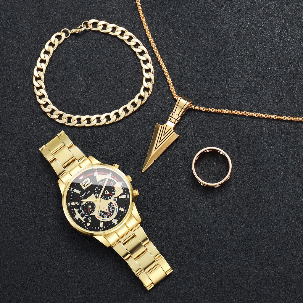 4PCS/Set Fashion Men Business Watches Casual Quartz Watch With Calendar Jewelry Set for Mens Clock Reloj Hombre（Without Box）