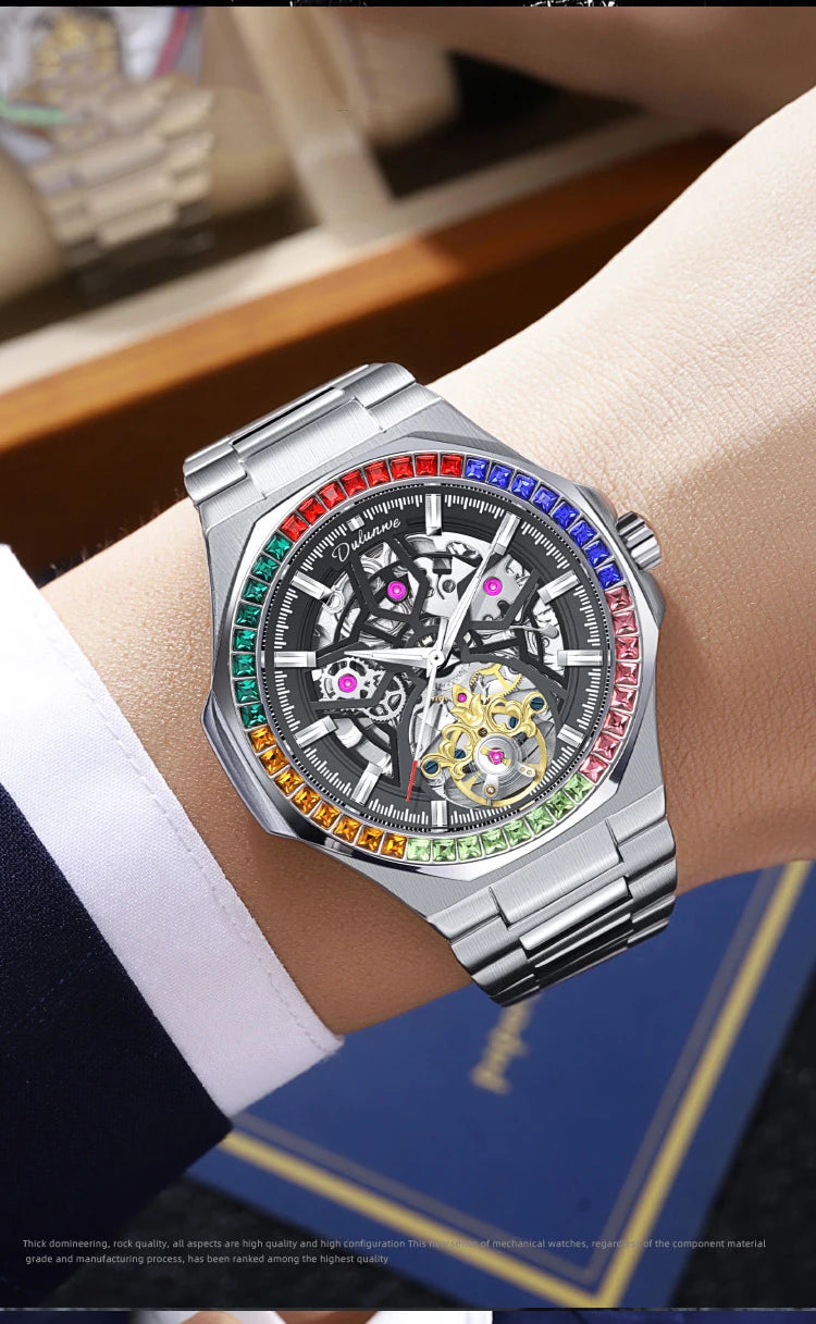 Montre Homme Tourbillon Automatique Mécanique – Lunette Gemmes Arc-en-Ciel Sport Business