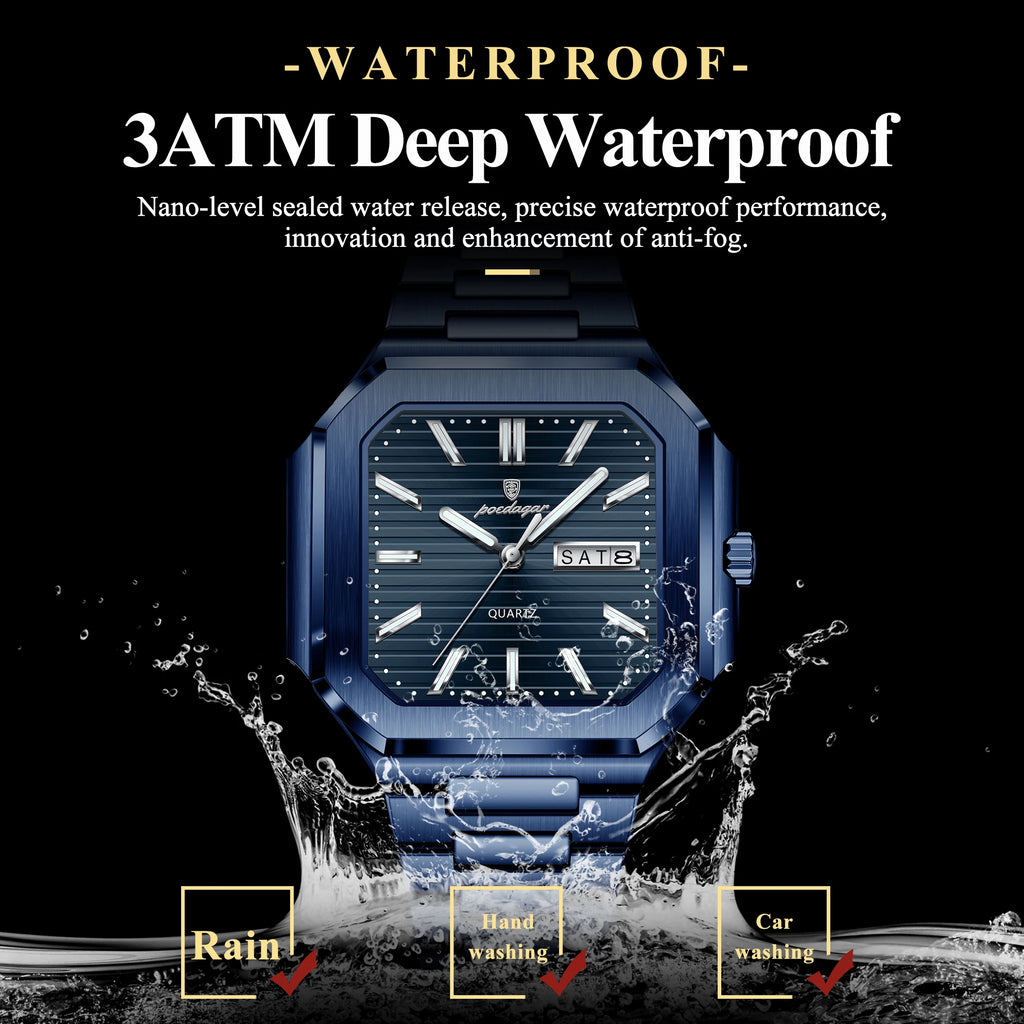 Montre Carrée Luxe Homme Poedagar – Quartz Étanche Lumineuse Date Semaine Acier Inoxydable Fashion