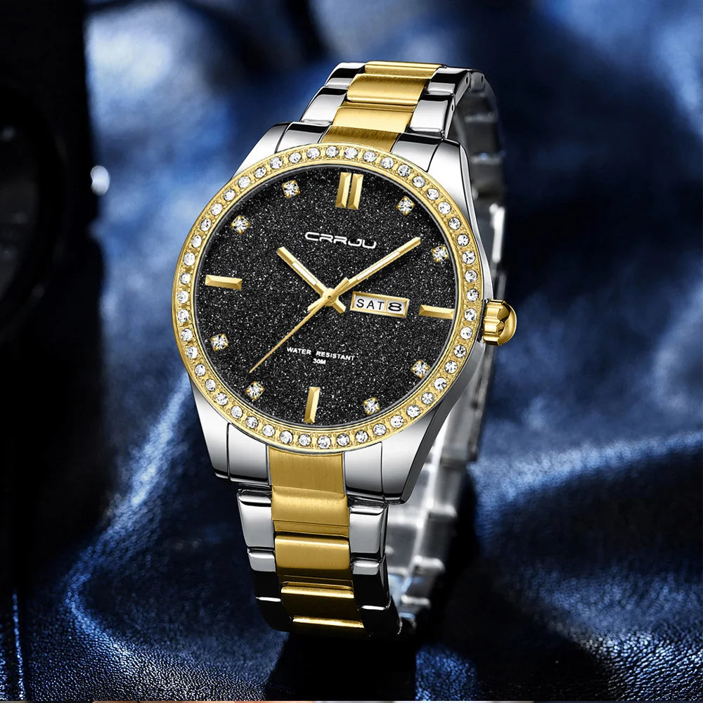Montre Homme CRRJU Moissanite Diamant Luxe Cadran Doré Acier Inoxydable Lumineux Élégante Premium | Montre CRRJU Moissanite Diamant Luxe Premium