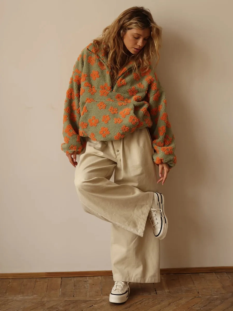 Sweat Femme Sherpa Floral Demi-Zip Ample Chaud – Pull Douillet & Tendance | Automne Hiver