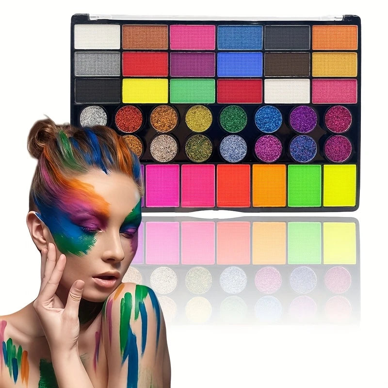 Kit Maquillage Artistique 42 Couleurs – Peinture Visage & Corps UV Néon Fluorescent | Festival Halloween Glitter