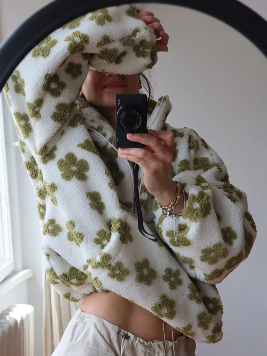 Sweat Femme Sherpa Floral Demi-Zip Ample Chaud – Pull Douillet & Tendance | Automne Hiver