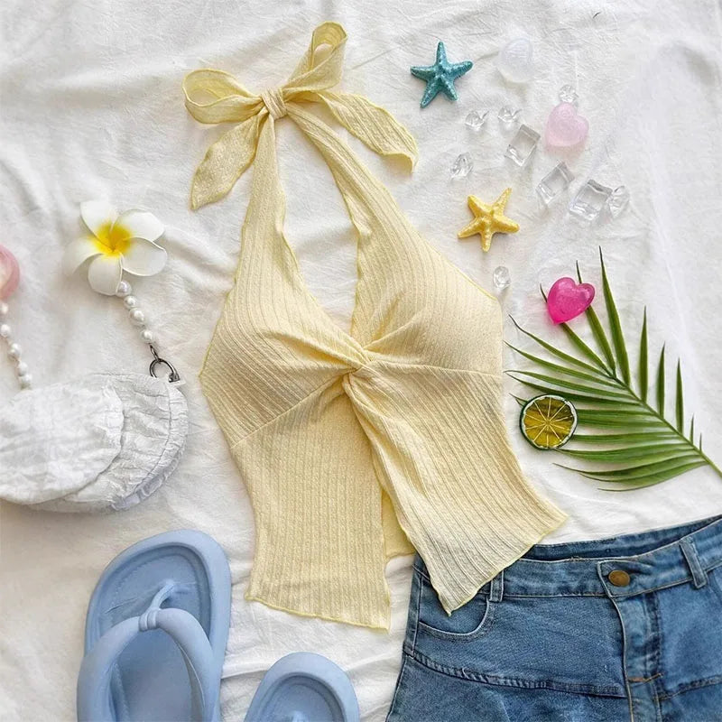 Crop Top Halter Y2K Jaune Col V Sans Dos - Streetwear Sexy Femme Été