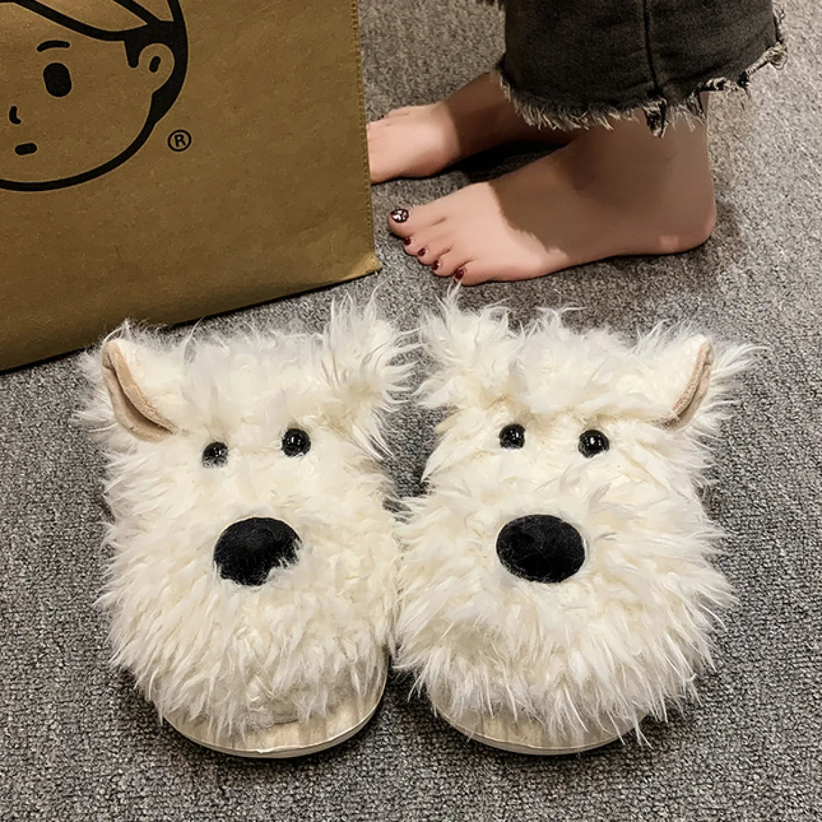 Chaussons Chien Cartoon Plush Hiver Femme – Coton Chaud Non-Slip Intérieur Maison