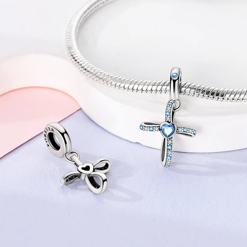 Charm Argent 925 Bleu Rotatif – Œil Démon, Main, Lune & Ciel Étoilé | Perle Pendentif Bracelet Femme | Bijou Spirituel & Mystique