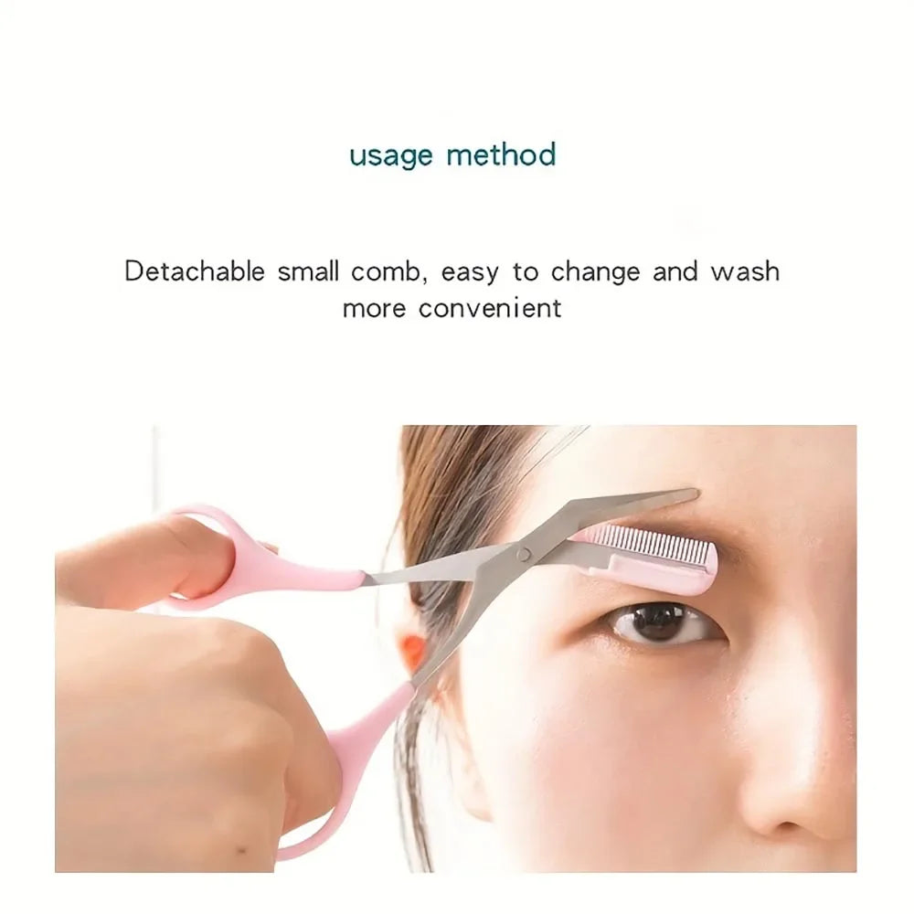 Ciseaux Sourcils Inox avec Peigne Intégré – Taille Précise & Sourcils Parfaits | Rose, Blanc & Noir | Outil Beauté Grooming