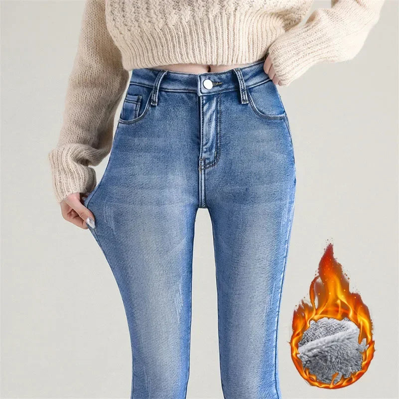 Damen-Thermojeans Winter Fleece Warm – Skinny Bleistift Stretch Samt | Koreanischer Slim Fit Style