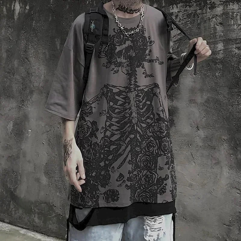 T-Shirt Unisexe Gothic Skull Oversize Loose Été – Streetwear Dark Anime Y2K Manches Courtes Tendance | Mode Homme & Femme