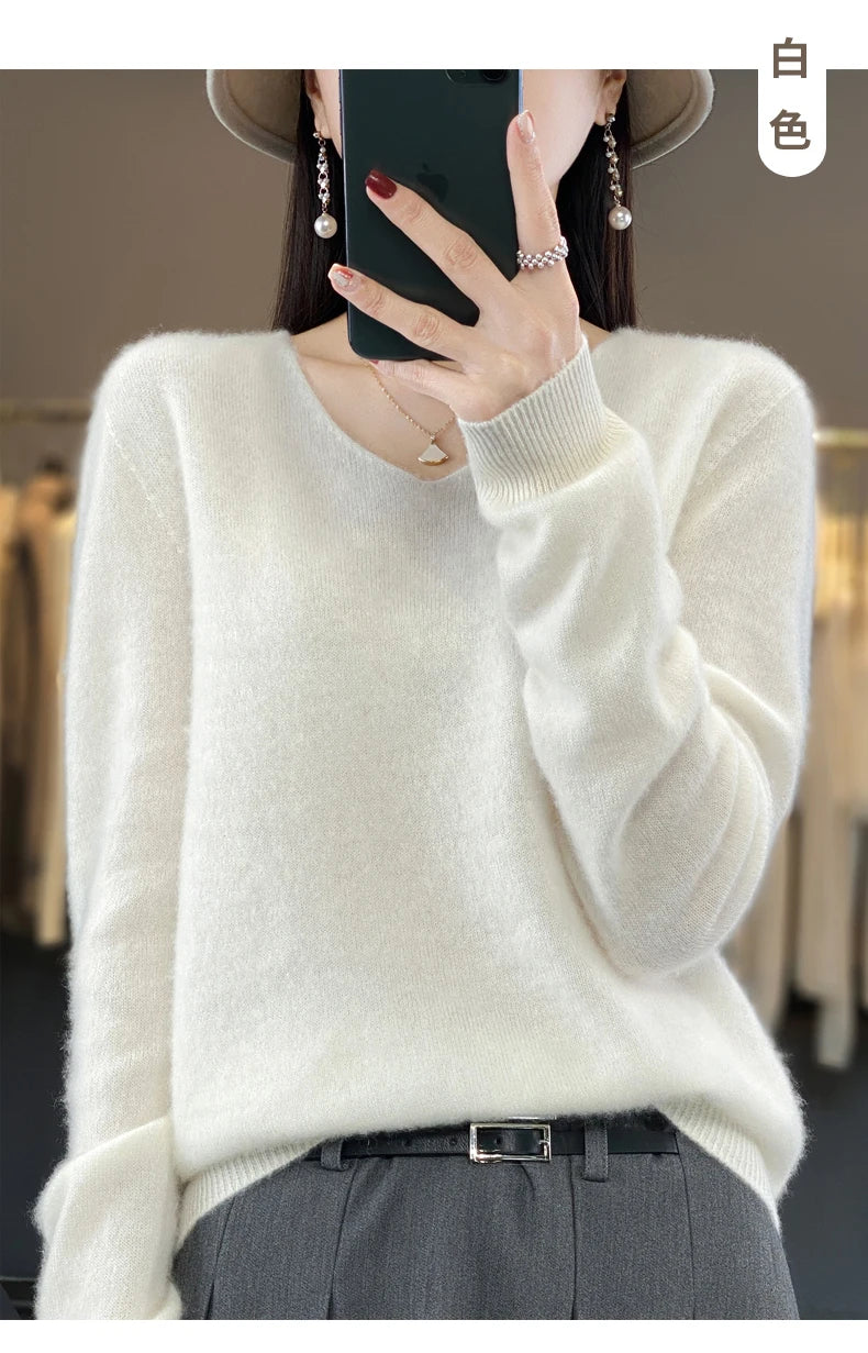 Kaschmirpullover 100% Wolle V-Ausschnitt Damen - Strick Casual Korean Fashion Herbst Winter